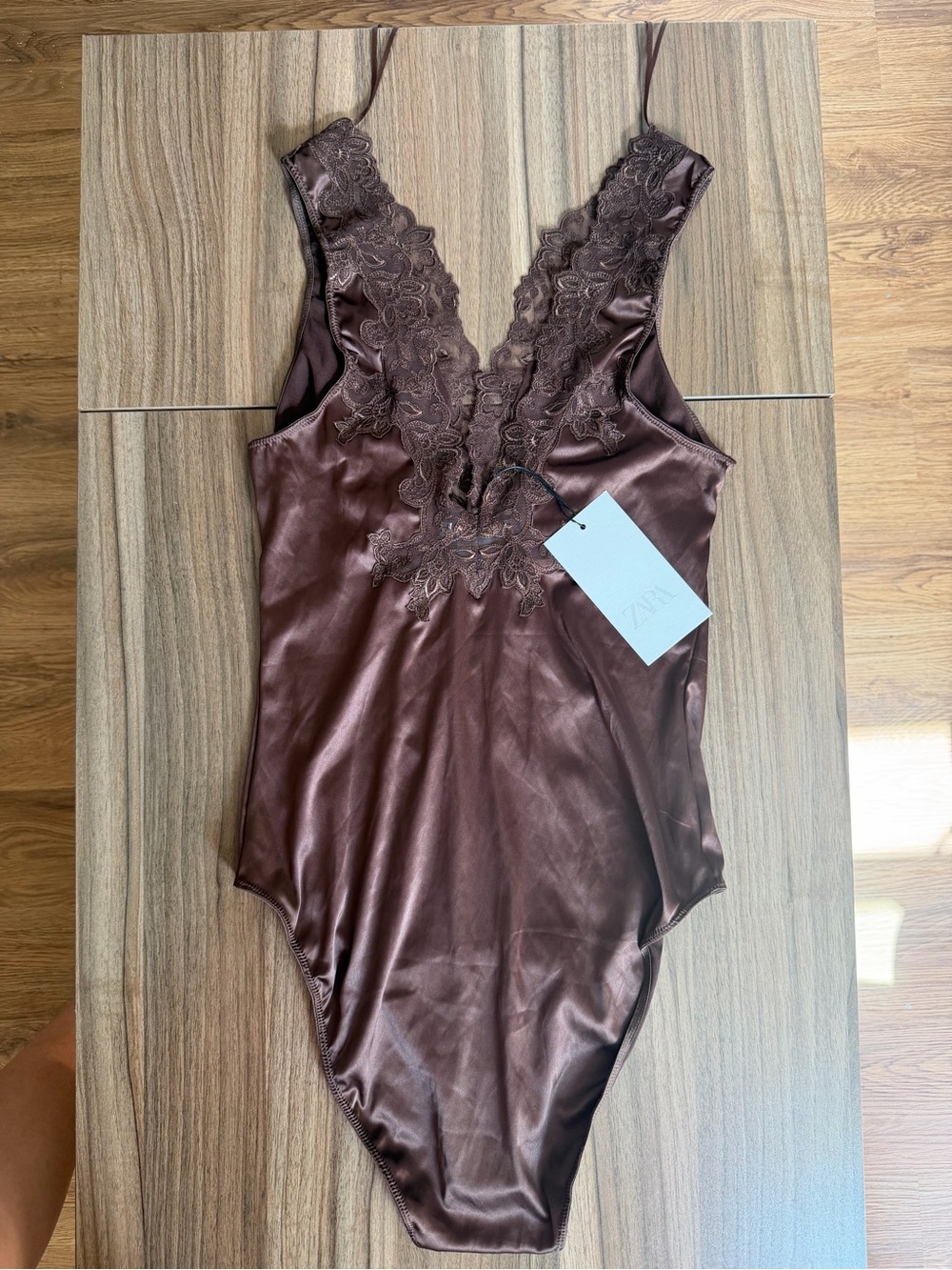 Zara Chocolate Brown Satin Lace-Trim Bodysuit - Picture 11 of 12